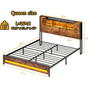 Queen Size Bed Frame with Charging Station, RGB LED Lights, 3 Tier Storage Headboard with Hidden Storage Space Bed - Image 4