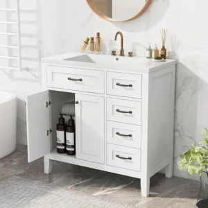 36" Bathroom Vanity with Sink, Wood White Bathroom Sink Cabinet with 3 Drawers and Doors, Wood Bathroom Vanity Set