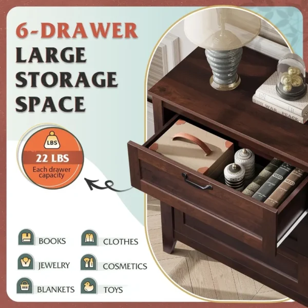 6 Drawer Dresser, Retro Chest of Drawers with Metal Handle, Double Wood Dresser for Bedroom, Living Room, Large Storage Cabinet - Image 4