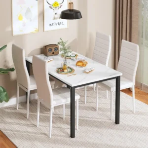 Dining Table Set for 4, Kitchen Table and Chairs, Faux Marble Dining Table with 4 Upholstered PU Leather Chairs - Image 2