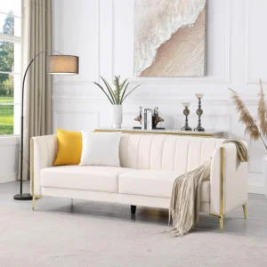 78'' Sofa, Modern White Couches for Living Room, Comfy, Faux Leather Sofa 3 Seater Sofa with 2 Throw Pillows and Gold Metal Legs - Image 2