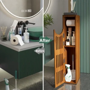 Bamboo Toilet Paper Holder with Storage, Bathroom Toilet Paper Storage Cabinet, Small Bathroom Storage Cabinet for Sm - Image 4