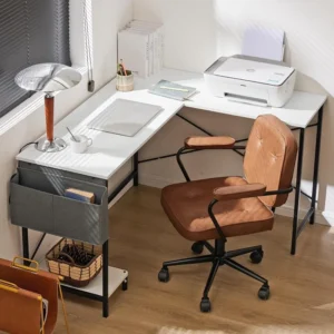 L Shaped Computer Desk Wood Corner PC Gaming Table with Side Storage Bag for Home Office Small Spaces - Image 2