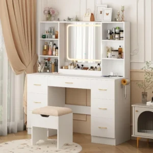 Air Dresser LED White Vanity Set With Stool and Power Outlet Bedroom Furniture Home Makeup Vanity Table Girls(White) Furnitures - Image 6