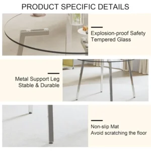 Dining Table, Round Glass, Tempered Glass Top and 4 Chairs with Seat and Sturdy Chrome Legs, 5-Piece Dining Table Set - Image 4