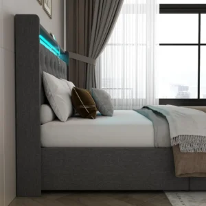 Queen Lift Up Bed Frame with Charging Station & LED Lights, Upholstered Bed with Button Tufted Wingback Storage Headboard - Image 6