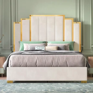 Queen Size Bed Frame and 61" Headboard, Upholstered Bed with Golden Plating Trim, Modern Platform Bed No Box Spring Needed,Cream - Image 6