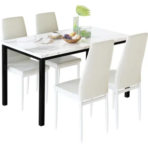 Dining Table Set for 4, Kitchen Table and Chairs, Faux Marble Dining Table with 4 Upholstered PU Leather Chairs