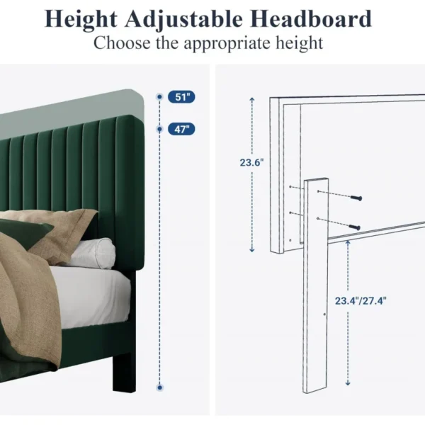 Queen Frame, Velvet Upholstered Platform Bed With Adjustable Vertical Channel Tufted Headboard, Mattress Foundation - Image 6