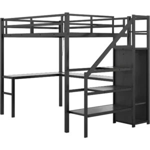 Full Size Loft Bed with Desk,Storage Stairs and Wardrobe,Full Loft Bed with Charging Station(USB Port,Outlets) and RGB LED Light - Image 6