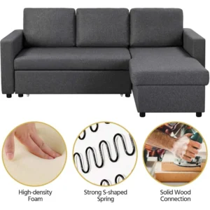 Sectional Sofa L-Shaped Sofa Couch Bed w/Chaise & USB, Reversible Couch Sleeper w/Pull Out Bed & Storage Space, Pull Out Couch - Image 6