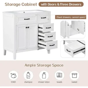 36" Bathroom Vanity with Sink, Wood White Bathroom Sink Cabinet with 3 Drawers and Doors, Wood Bathroom Vanity Set - Image 3