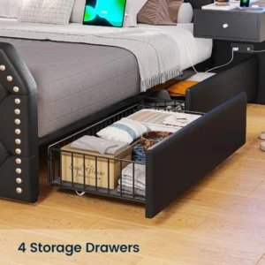 PU Leather Upholstered Queen Bed Frame With Deep Button Tufted Headboard and Headboards Bedroom Black Platform Bed Frame - Image 6