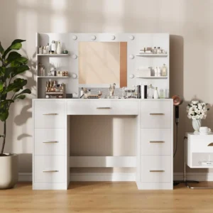 Vanity Desk with Mirror LED Lights and Power Outlet Makeup Vanity Table with 7 Drawers and 6 Storage Shelves Dressing Table - Image 4