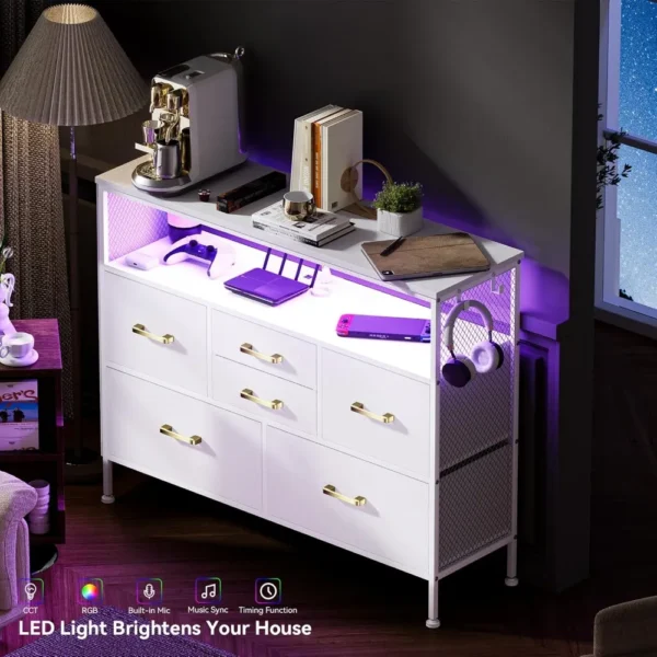 Dresser for Bedroom TV Stand with Power Outlets and LED Light, 6 Drawers Dresser with Side Pockets & Hooks - Image 4
