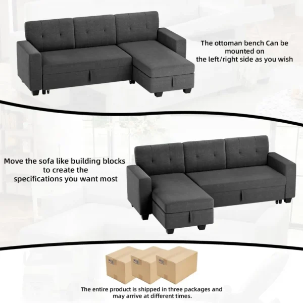 Sofa Bed Reversible Convertible Sleeper Pull Out Couches with Storage Chaise, Linen Fabric Furniture for Living Room, Apartment - Image 5