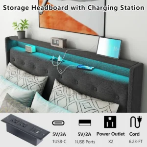 Queen Lift Up Bed Frame with Charging Station & LED Lights, Upholstered Bed with Button Tufted Wingback Storage Headboard - Image 2