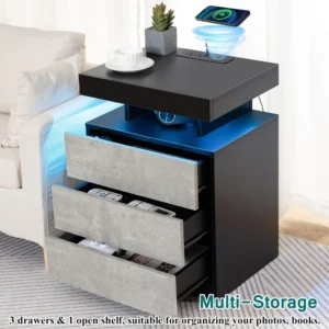 LED Nightstand Set of 2 for Bedroom with 3 Drawers, USB Port, Wireless Charging Station, Tall Wood Smart LED Nightstand - Image 6