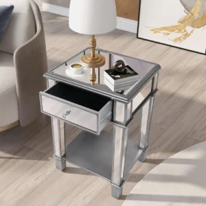 Heavy Duty Mirrored Nightstands Modern Bedside Table 1 Drawer Glass Side End Table Silver Dresser for Bedroom - Image 4
