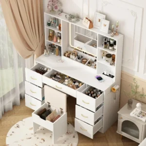 Air Dresser LED White Vanity Set With Stool and Power Outlet Bedroom Furniture Home Makeup Vanity Table Girls(White) Furnitures - Image 3
