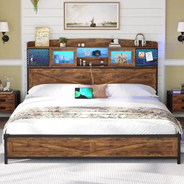 King Size Farmhouse Style Bed Frame with LED Lights Charging Station Rustic Brown Storage Headboard Sliding Doors Metal Steel