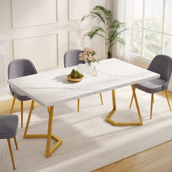 Tribesigns Gold Dining Dinner Table: 55 Inches Modern White Dining Room Table with Golden Legs, Faux Marble Kitchen Table for 6 - Image 3