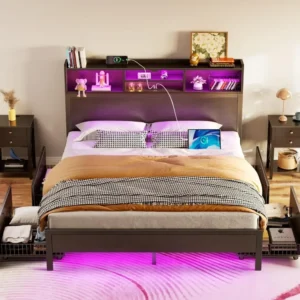 Rolanstar Queen Bed Frame with Storage Headboard, Metal Platform Charging Station, LED 4 Drawers, Bookcase Storage - Image 2