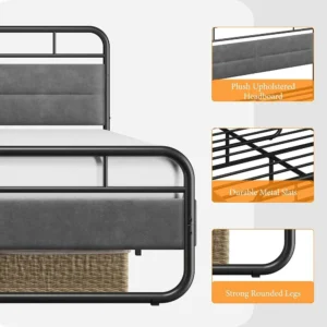 Queen Bed Frame Heavy Duty Metal Bed with Curved Upholstered Headboard Dark Grey Queen Beds - Image 2