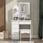 Vanity Set with Rectangular Mirror, Makeup Vanity Dressing Table, Shelves, Dresser Desk and Cushioned Stool Set