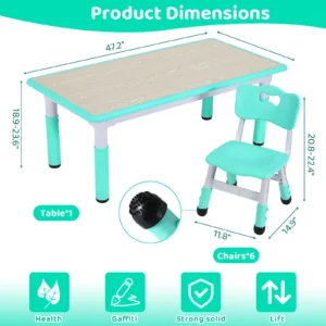Rectangle Kids Table with 6 Chairs Set, Height Adjustable Toddler Multi Activity Table Set, Arts&Crafts Desk for Girls, 2-10 old - Image 3