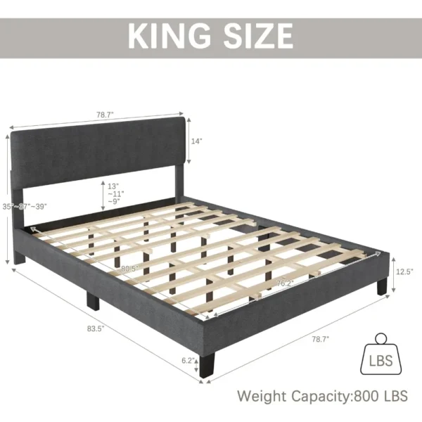 King Size Bed Frame with Adjustable Headboard Upholstered Platform Linen Fabric Headboard Wooden Slats Support Grey Bed Frame - Image 2