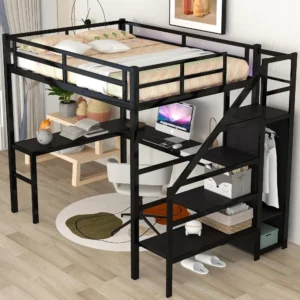 Full Size Loft Bed with Desk,Storage Stairs and Wardrobe,Full Loft Bed with Charging Station(USB Port,Outlets) and RGB LED Light