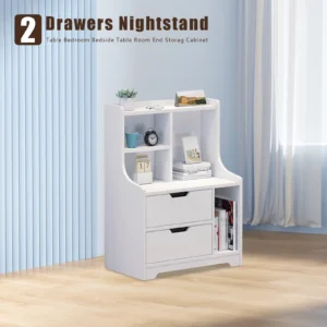 White 2 Drawers Dresser with Top Cabinet Storage Nightstand End Bedside Table Storage Cabinet Chest of Drawers with Open Shelf - Image 4
