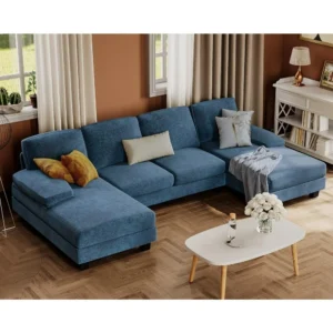 Sectional Couches for Living Room, U-Shaped Sofa Couch with Linen Fabric, 4 Seat Sofa Set with Double Chaise for Apartment Grey - Image 3
