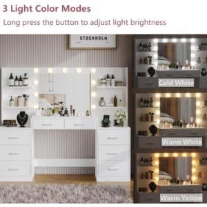 61.9" Vanity Desk Set,LED Lighted Mirror & Lights,7Large Drawer & Six Open Storage Dresser,Bedroom Dressing Table. - Image 3