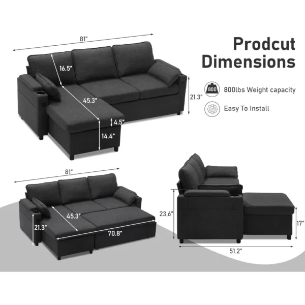 Sofa Bed, Wood Bedframe, for Living Room Bedroom Office, Pull Out Modular Sofa Bed Convertible Living Room Furniture - Image 2