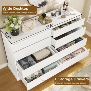 White Dresser for Bedroom Long Dresser with 8 Drawers Wooden Dresser Chest of 8 Drawers Large Capacity Clothing Storage Cabinet - Image 3