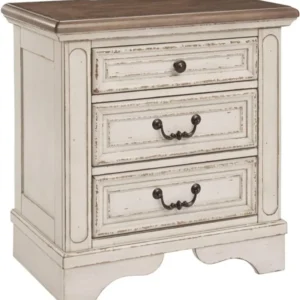 French Country 3 Drawer Nightstand with Electrical Outlets & USB Ports Chipped White TWO-TONE NIGHT STAND