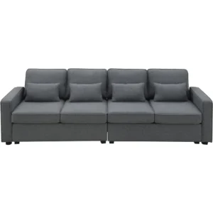 4 seat Modern Linen Fabric Sofa with Armrest Pockets and 4 Pillows,Minimalist Style Couch for Living Room, Apartment,Dark Grey - Image 4