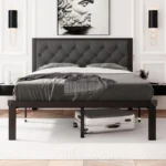 Full Size Metal , Heavy-Duty Platform Bed Frame With Linen Upholstered Headboard, 12" Storage Space, Steel Slat