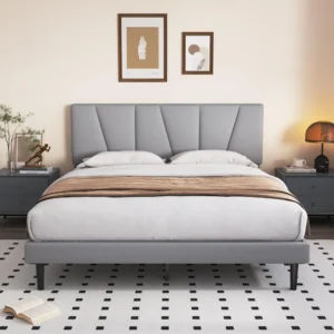 Full Size Bed Frame with Upholstered Headboard, Linen Fabric Wrap, Wooden Slats Support, Solid and Stable, No Box Spring Needed - Image 2