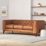 Leather Couch – 89-In Sofa w/ Tufted Back - Full Grain Leather Couch w/ Feather-Down Topper On Seating Surfaces – Vintage