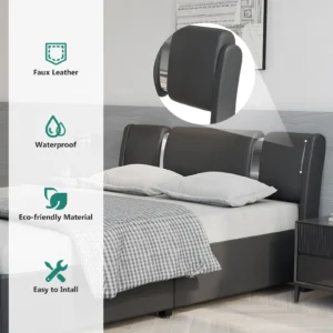 Queen/Full LED Bed Frame with Adjustable Headboard, Modern Upholstered Bed Frame with Faux Leather & Metal Decoration - Image 3
