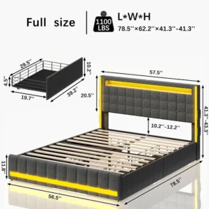 LED Full Size Bed Frame with 4 Storage Drawers and Charging Station, Adjustable Headboard, Full Size Bed Frame - Image 6