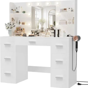 Vanity Desk with Mirror LED Lights and Power Outlet Makeup Vanity Table with 7 Drawers and 6 Storage Shelves Dressing Table