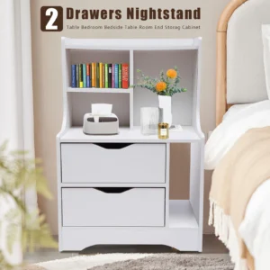 White 2 Drawers Dresser with Top Cabinet Storage Nightstand End Bedside Table Storage Cabinet Chest of Drawers with Open Shelf - Image 3