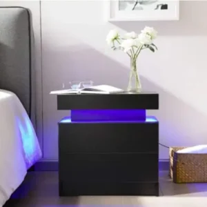 Bedside Table with 2 Drawers, LED Nightstand Wooden Cabinet Unit with Lights for Bedroom, Living Room, Black - Image 3