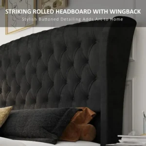 Bed Frame, Velvet Upholstered, Headboard and Headboard with Rolling Wing Back, No Springs Required, Easy To Assemble, Bed Frame - Image 2