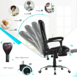 Ergonomic Reclining Office Chair, Heat & Massage High Back Desk Chair w/Retractable Footrest, Executive Swivel Leather Chair - Image 6