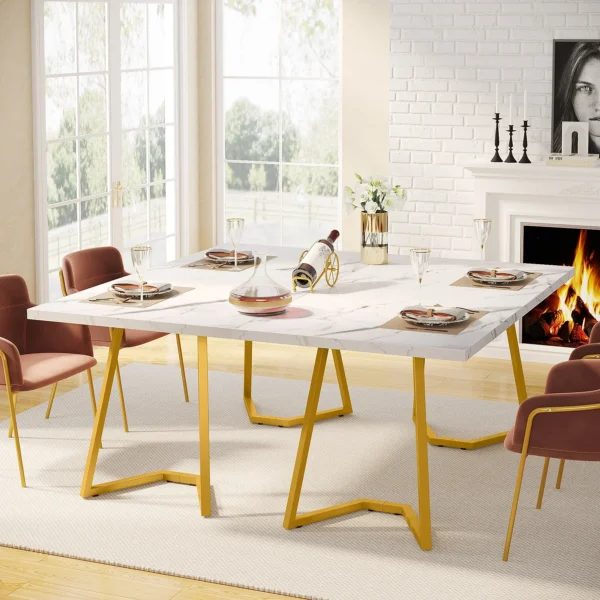 Tribesigns Gold Dining Dinner Table: 55 Inches Modern White Dining Room Table with Golden Legs, Faux Marble Kitchen Table for 6 - Image 2